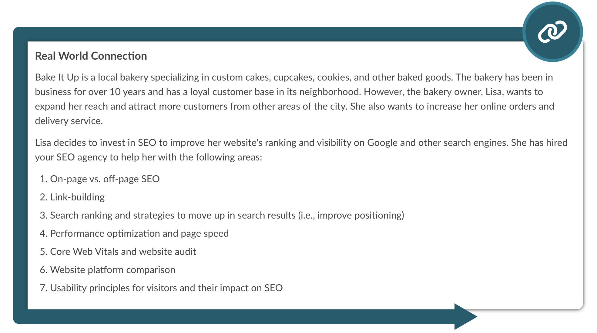 A screenshot from the SEO course with details on an assignment. 